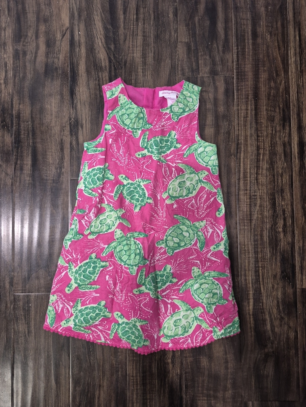 Tommy Bahama Girls Pink Green Sea Turtle Pom Pom Hem A-Line Dress Size 5